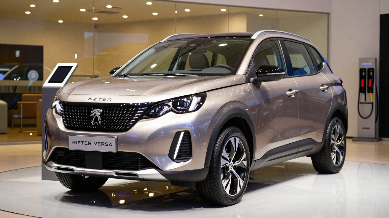 SUV Peugeot Rifter Versa gris métallisé exposé en showroom moderne avec bornes de recharge électrique en arrière-plan.