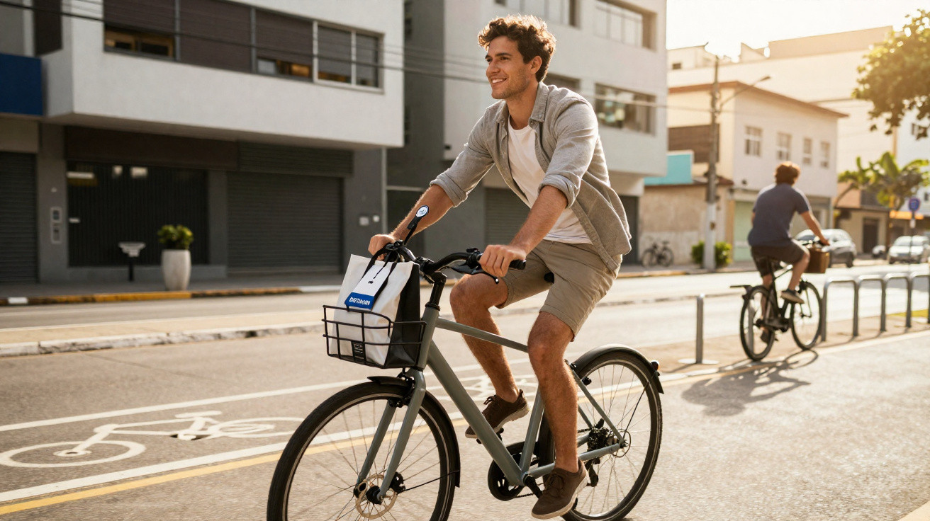 Jeune homme souriant en short roulant à vélo sur une piste cyclable en ville au coucher de soleil.