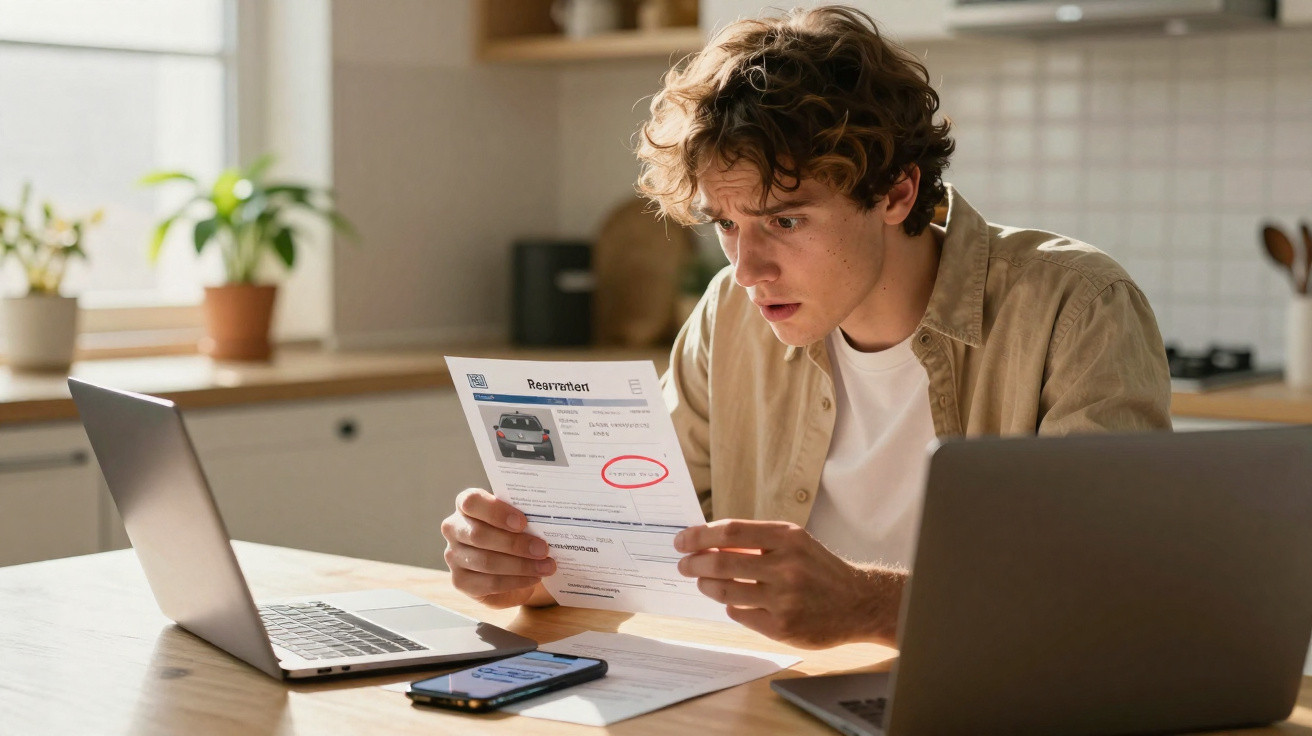 Jeune homme concentré examinant un document avec deux ordinateurs portables ouverts sur une table.