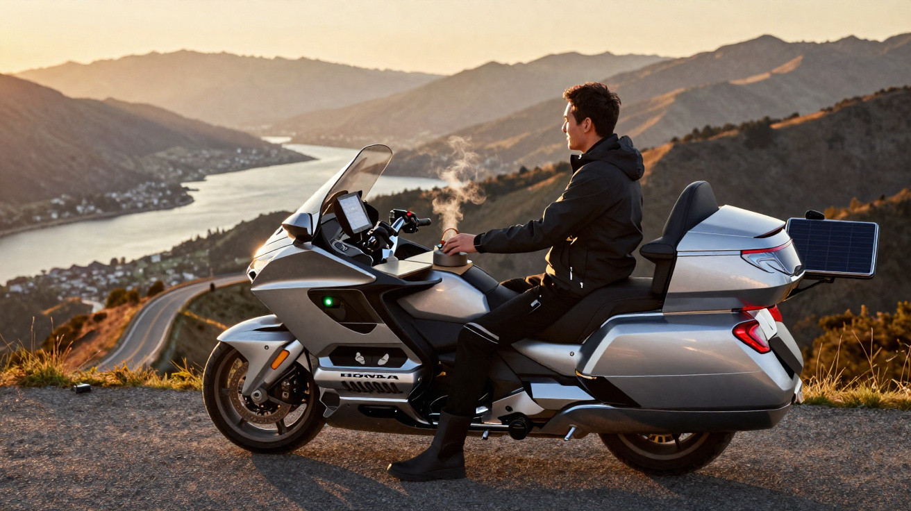 Homme assis sur une moto électrique grise avec un panneau solaire, profitant d’un panorama montagneux au coucher du soleil.