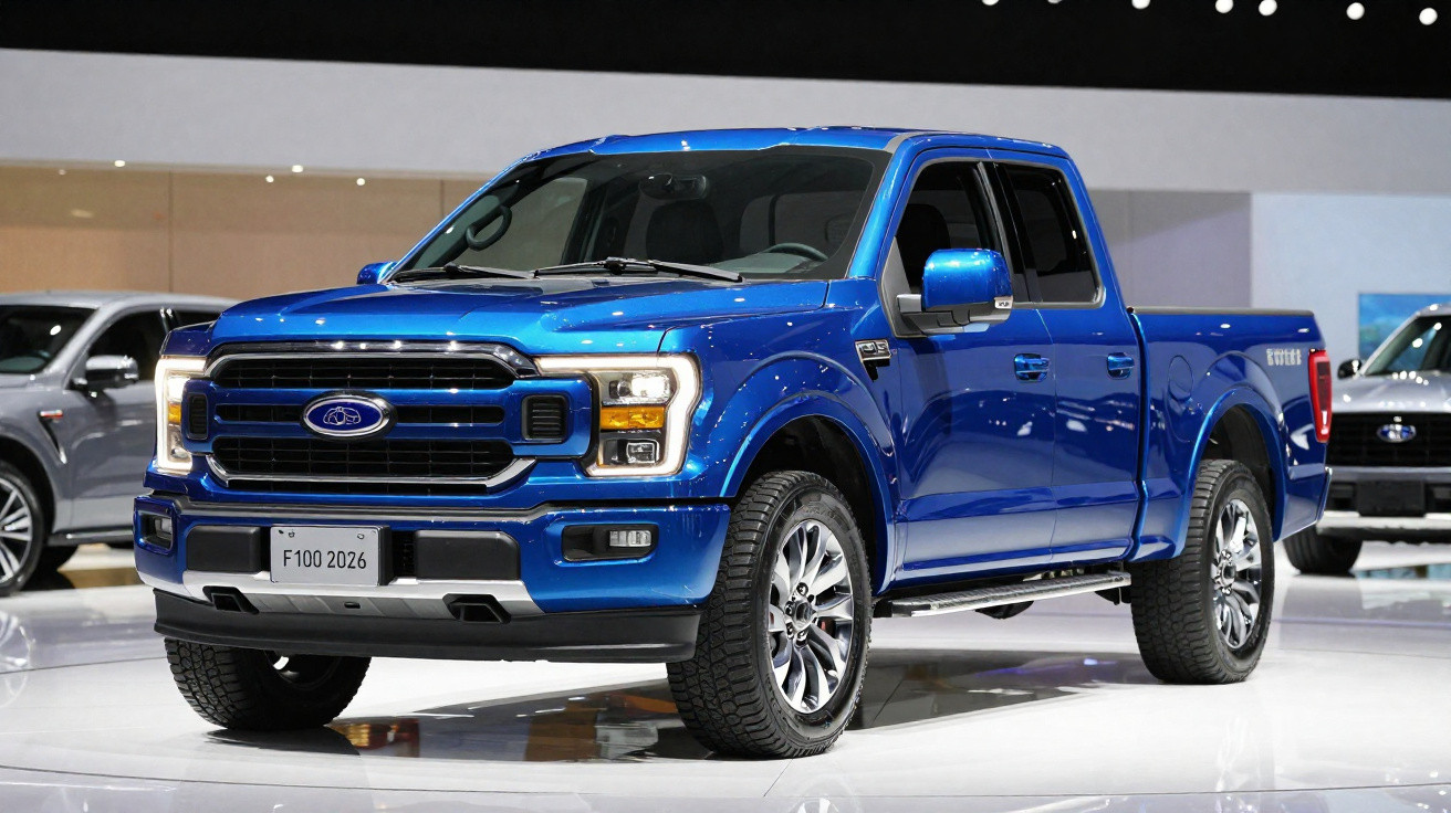 Pick-up Ford F-150 bleu exposé dans un salon automobile avec éclairage intérieur et sol blanc brillant.