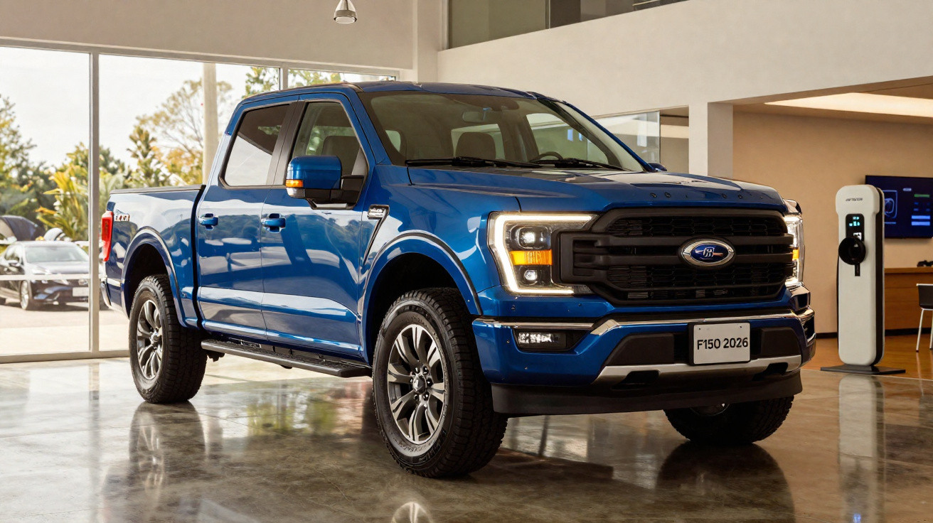 Camion Ford F-150 bleu 2026 exposé dans un showroom moderne avec chargeur électrique visible.
