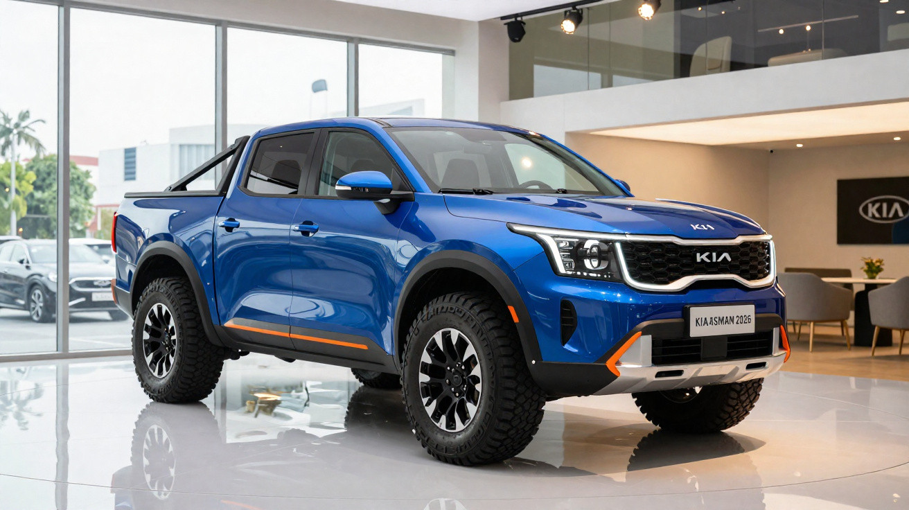 Pick-up Kia Seltos 2026 bleu métallisé exposé dans un showroom moderne avec grandes fenêtres.