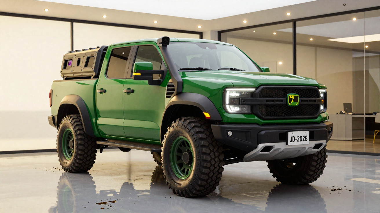 Pick-up vert tout-terrain avec pneus larges et accessoires de transport dans un espace intérieur moderne.