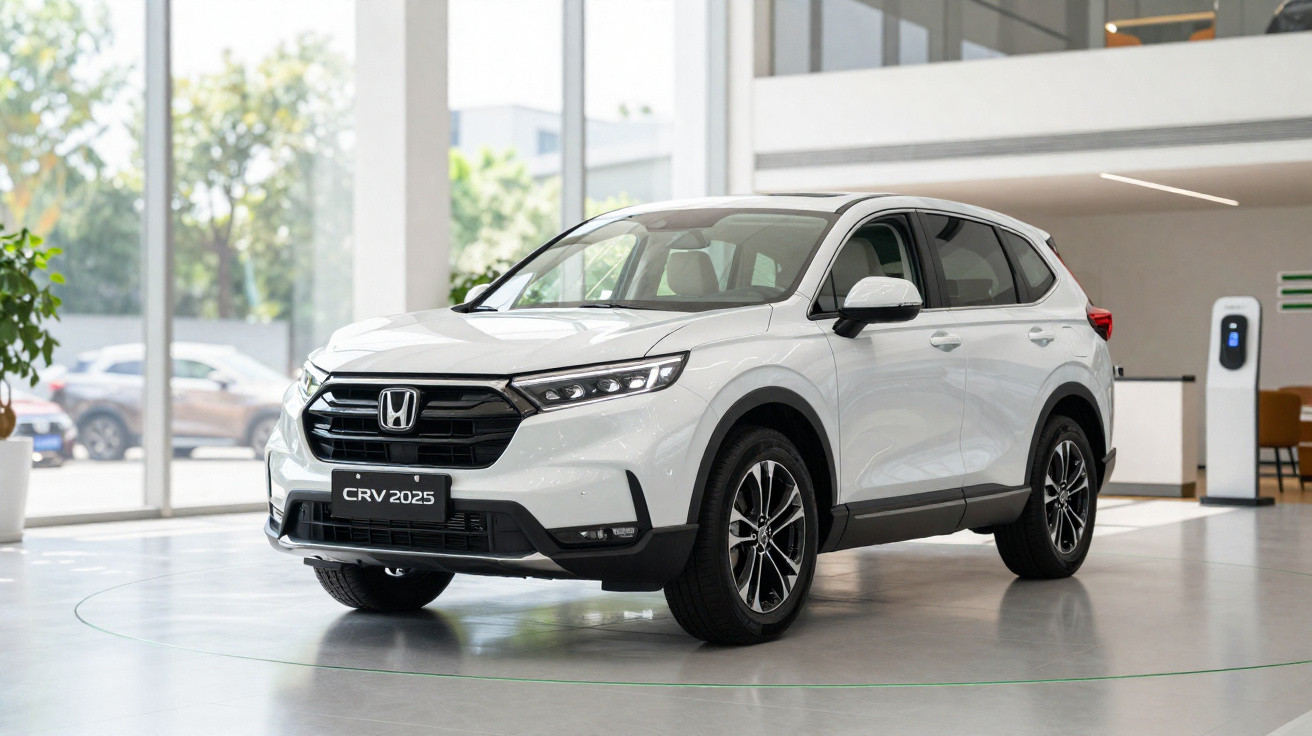 Honda CR-V 2025 blanc exposé dans un showroom lumineux avec grandes fenêtres et sol gris.