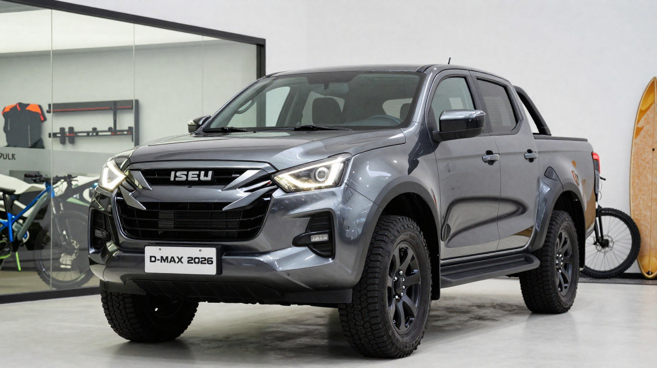 Pickup gris foncé Isuzu D-Max 2026 stationné dans un garage moderne avec vélos et surf en arrière-plan.