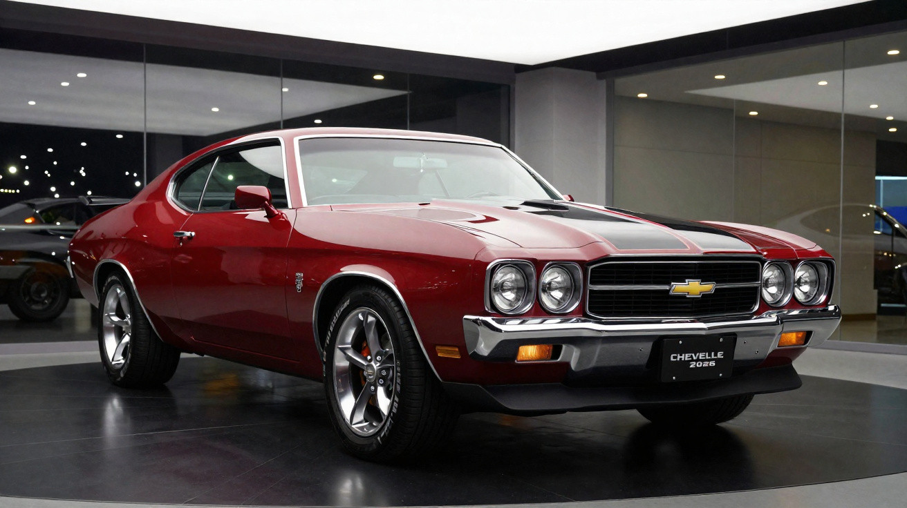 Voiture de sport Chevrolet Chevelle 2026 rouge bordeaux avec bandes noires exposée dans un showroom moderne.