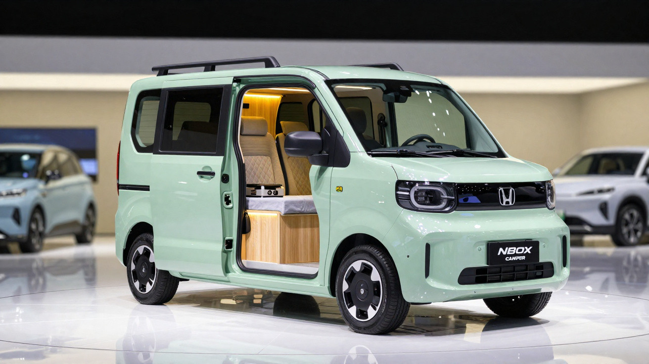Voiture compacte verte Honda NBOX Camper avec porte coulissante ouverte montrant l’intérieur lumineux et aménagé.