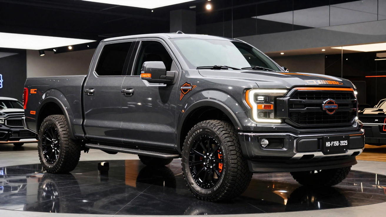 Pickup gris foncé moderne avec détails orange exposé dans un showroom lumineux.