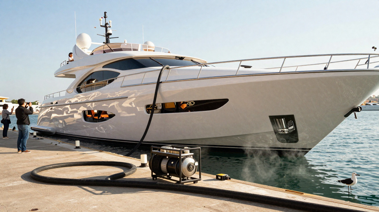 Yacht blanc amarré au quai avec des câbles et une machine posés sur le sol au soleil.