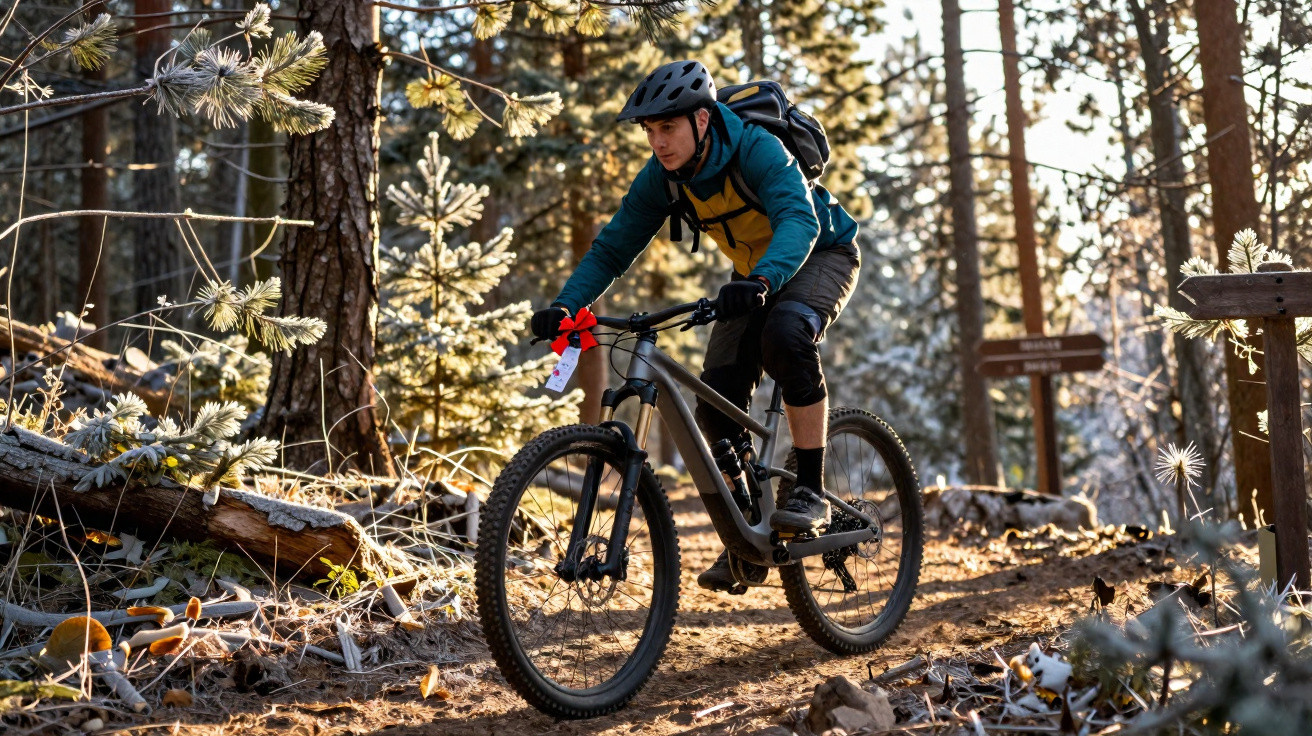 Homme en casque roulant à VTT sur un sentier forestier ensoleillé avec des arbres et de la végétation autour.