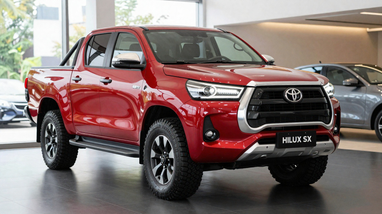 Pick-up Toyota Hilux SX rouge exposé en intérieur, vue avant droite avec pneus tout-terrain robustes.