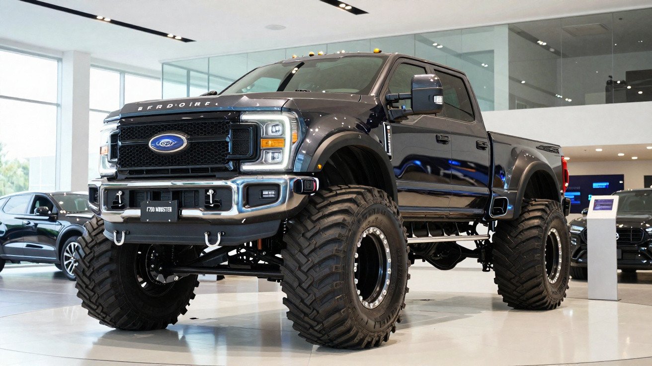 Pick-up Ford F-250 modifié avec grosses roues tout-terrain dans un showroom lumineux.