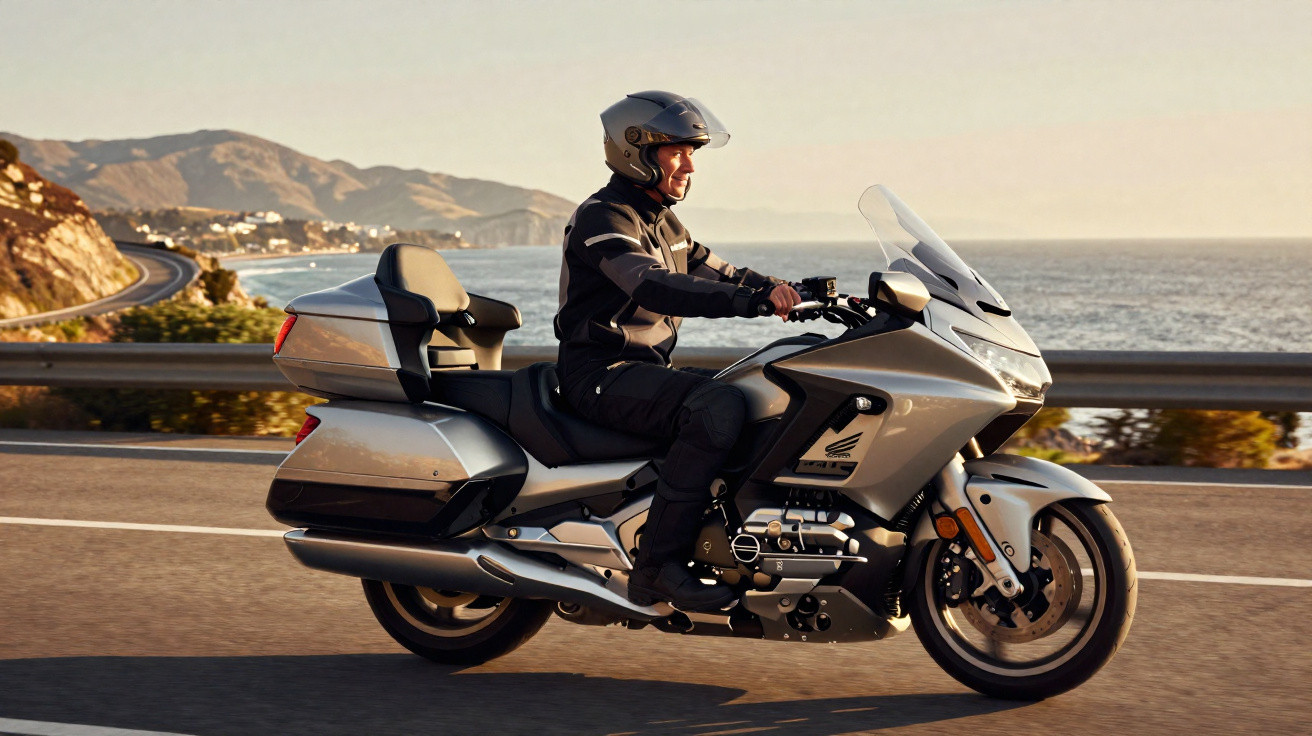 Homme en tenue de moto et casque, roulant sur une moto touring grise au bord de la mer au coucher du soleil.