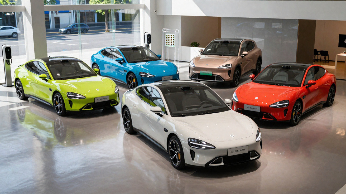Showroom lumineux avec cinq voitures électriques colorées modernes alignées sur un sol poli.