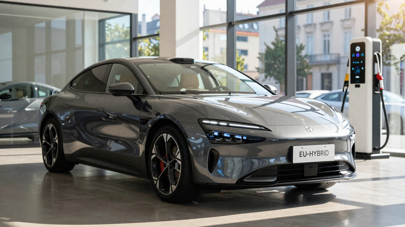 Voiture hybride grise moderne garée dans un showroom lumineux avec borne de recharge électrique à côté.