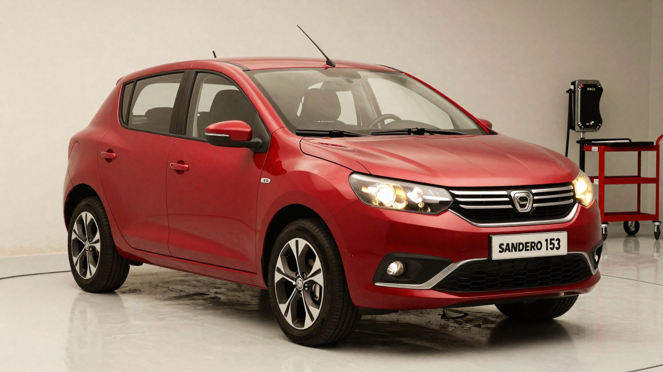 Voiture compacte rouge Dacia Sandero 153 garée dans un garage avec phares allumés.