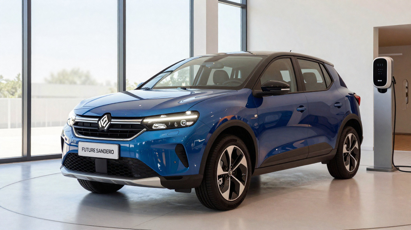 Voiture compacte électrique bleue Future Sandero avec prise de recharge, exposée dans un showroom lumineux.