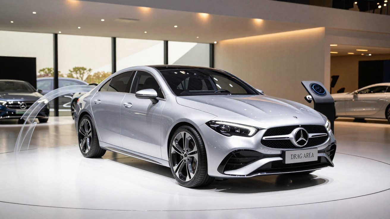 Voiture Mercedes-Benz berline argentée exposée dans un showroom moderne et lumineux.
