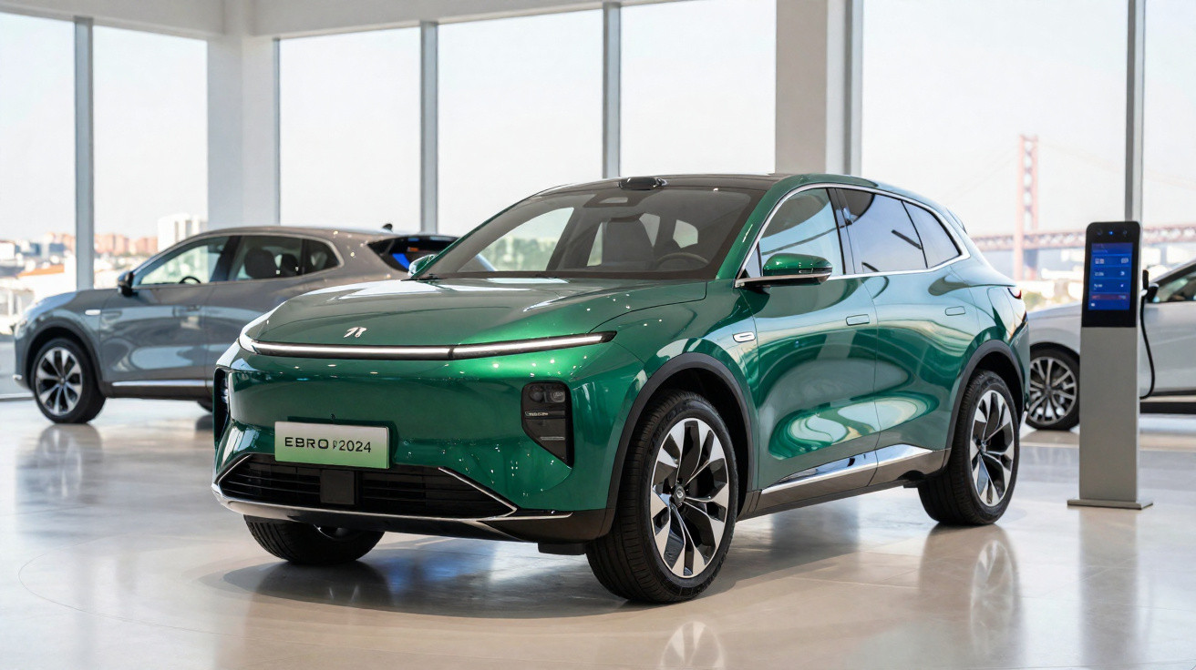 Voiture électrique SUV verte exposée dans un showroom moderne avec grandes baies vitrées, modèle Ebro i2024.