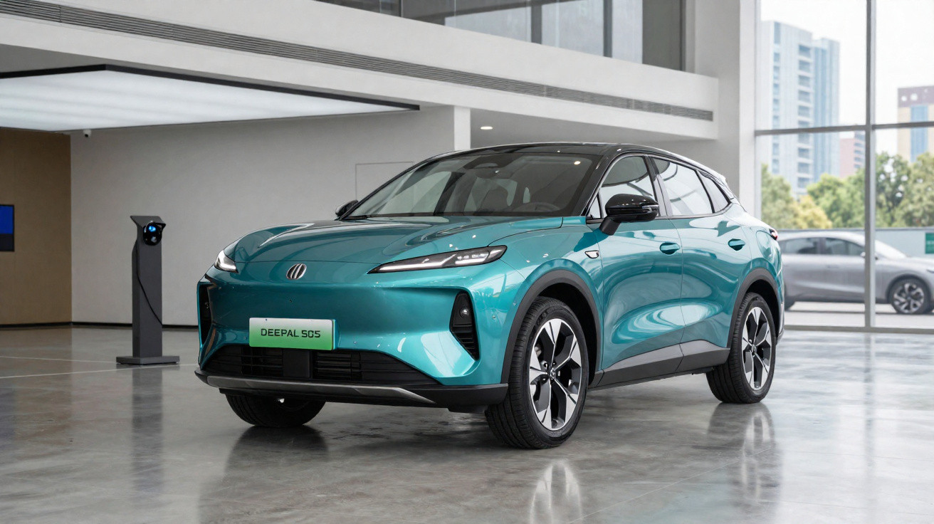 Véhicule électrique bleu métallisé Deepal S05 en intérieur, sur sol en béton poli, près d'une borne de recharge.