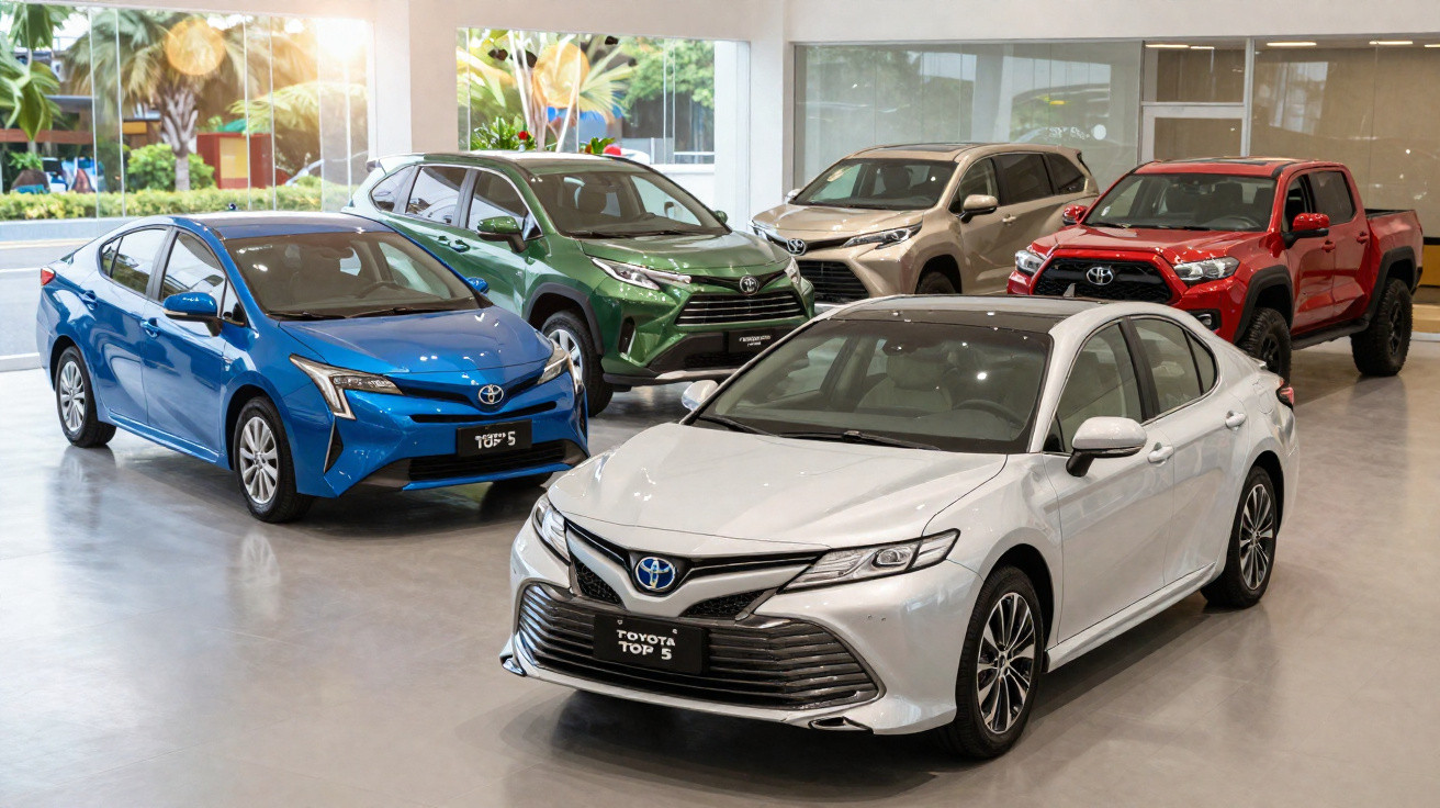 Cinq voitures Toyota neuves de différentes couleurs exposées dans une salle lumineuse et moderne.