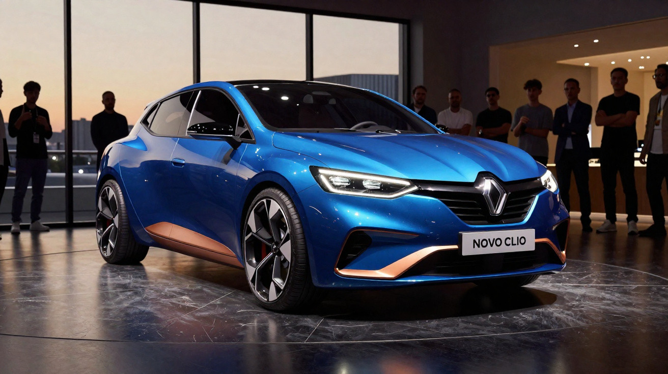 Voiture compacte bleue Renault Novo Clio exposée en intérieur avec plusieurs personnes en arrière-plan.