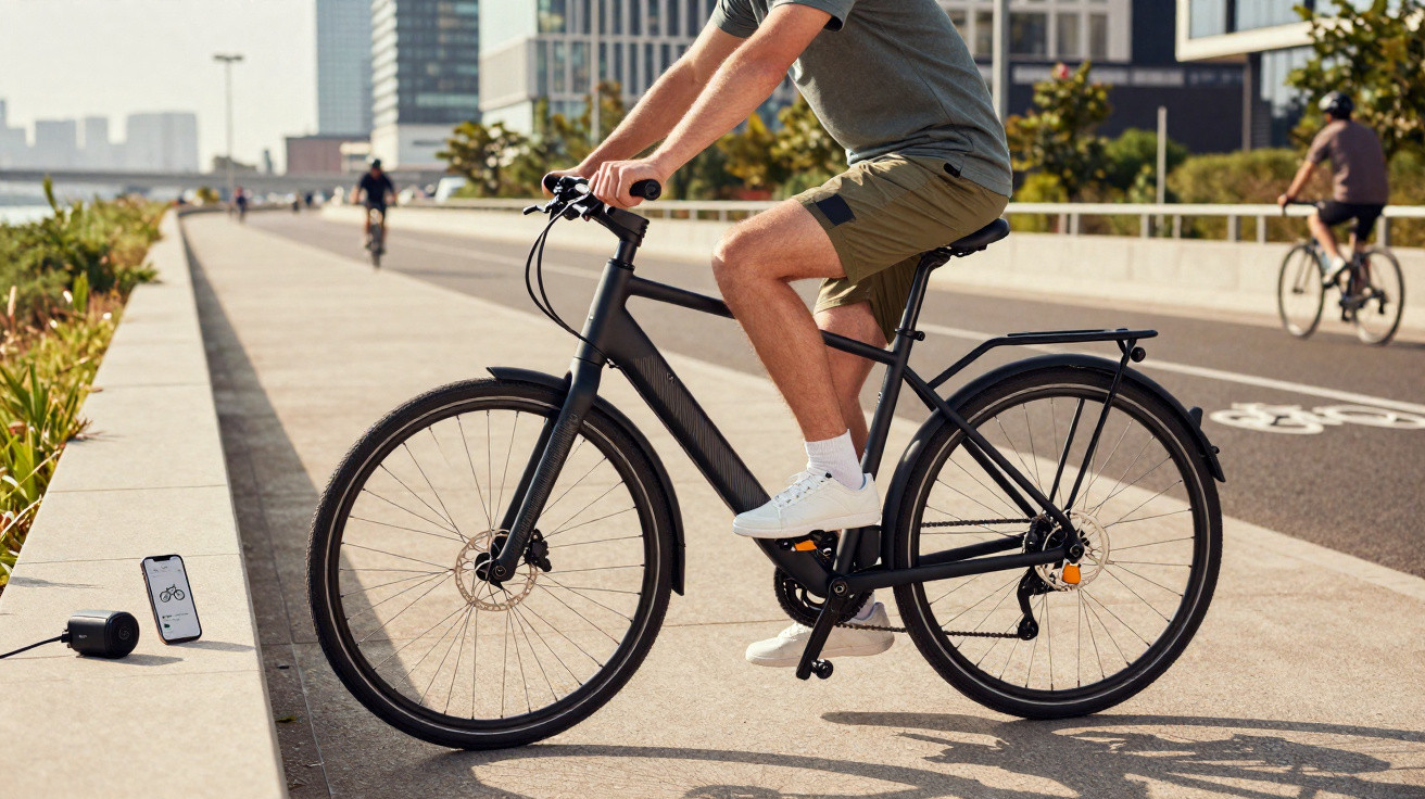 Homme en short et t-shirt assis sur un vélo électrique noir sur une piste cyclable urbaine.
