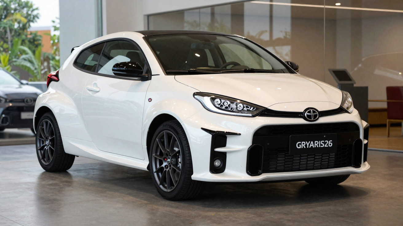 Voiture compacte blanche Toyota GR Yaris exposée dans un showroom moderne avec un sol en béton.