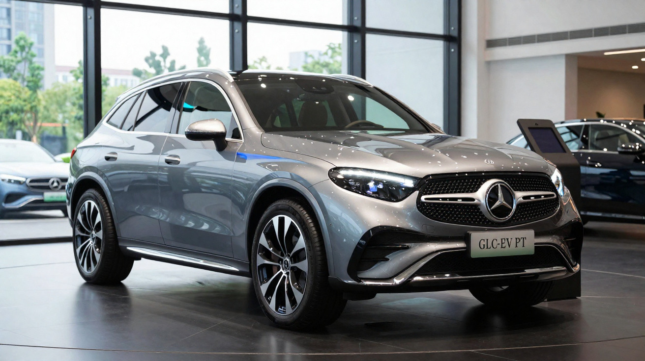 SUV Mercedes-Benz électrique gris exposé dans un showroom moderne avec grandes baies vitrées.