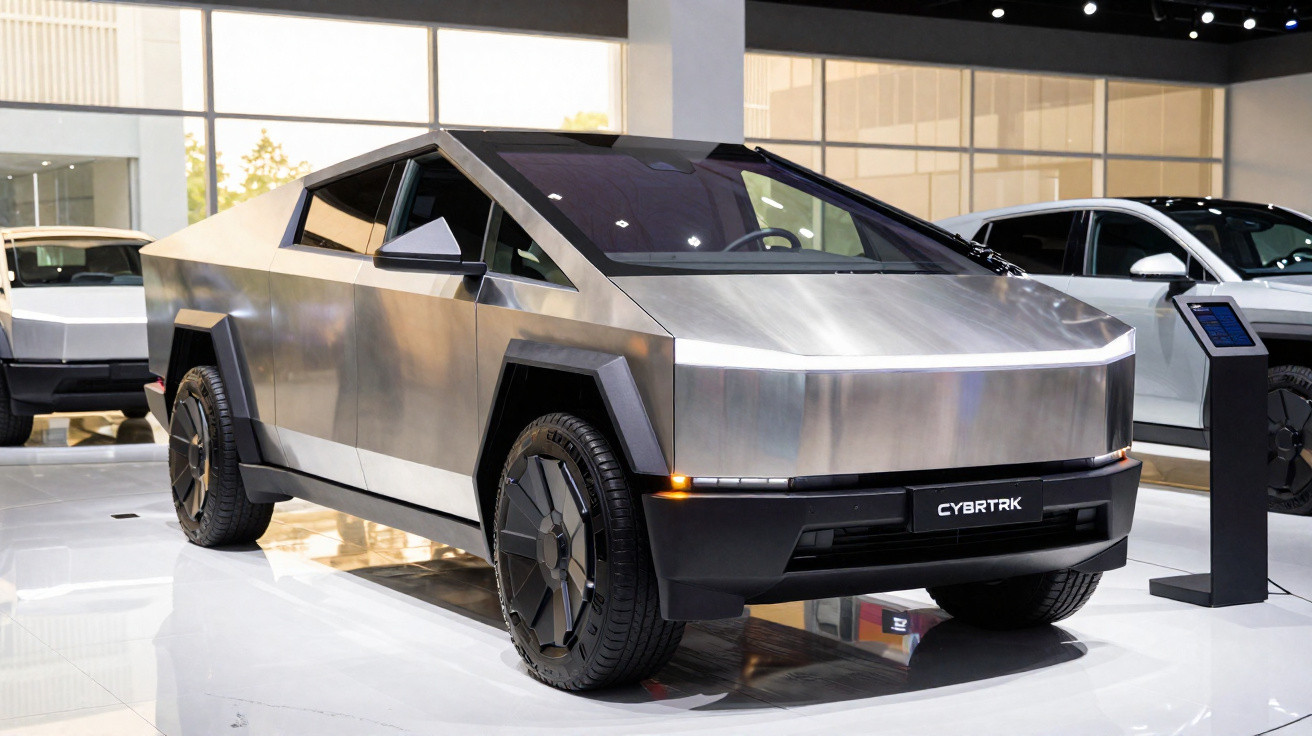 Véhicule électrique Tesla Cybertruck argenté au design angulaire exposé en intérieur sur sol blanc brillant.
