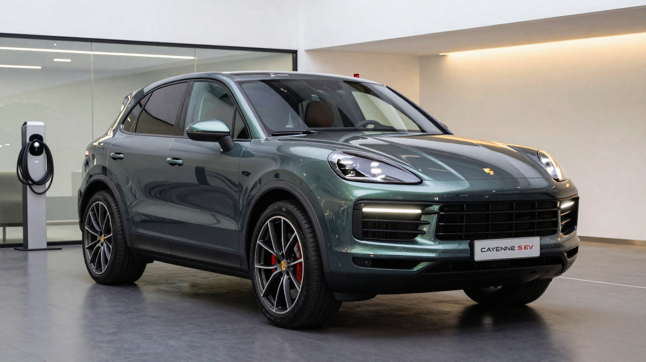 Véhicule Porsche Cayenne SEV vert métallisé en exposition intérieure avec borne de recharge électrique à proximité.