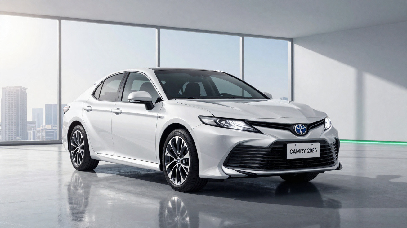 Voiture blanche Toyota Camry 2026 garée dans un espace moderne avec grande baie vitrée lumineuse.