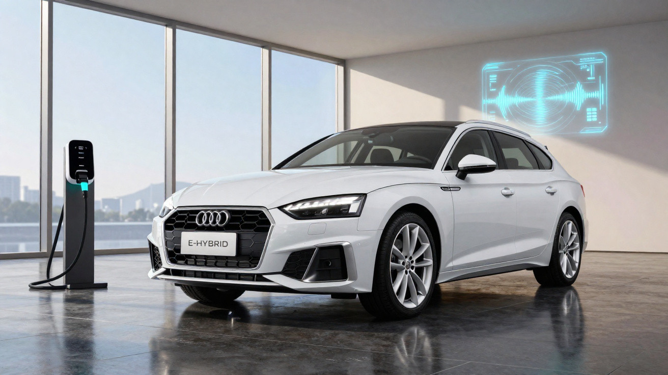 Voiture Audi break électrique hybride blanche en charge dans un showroom moderne avec vitres panoramiques.