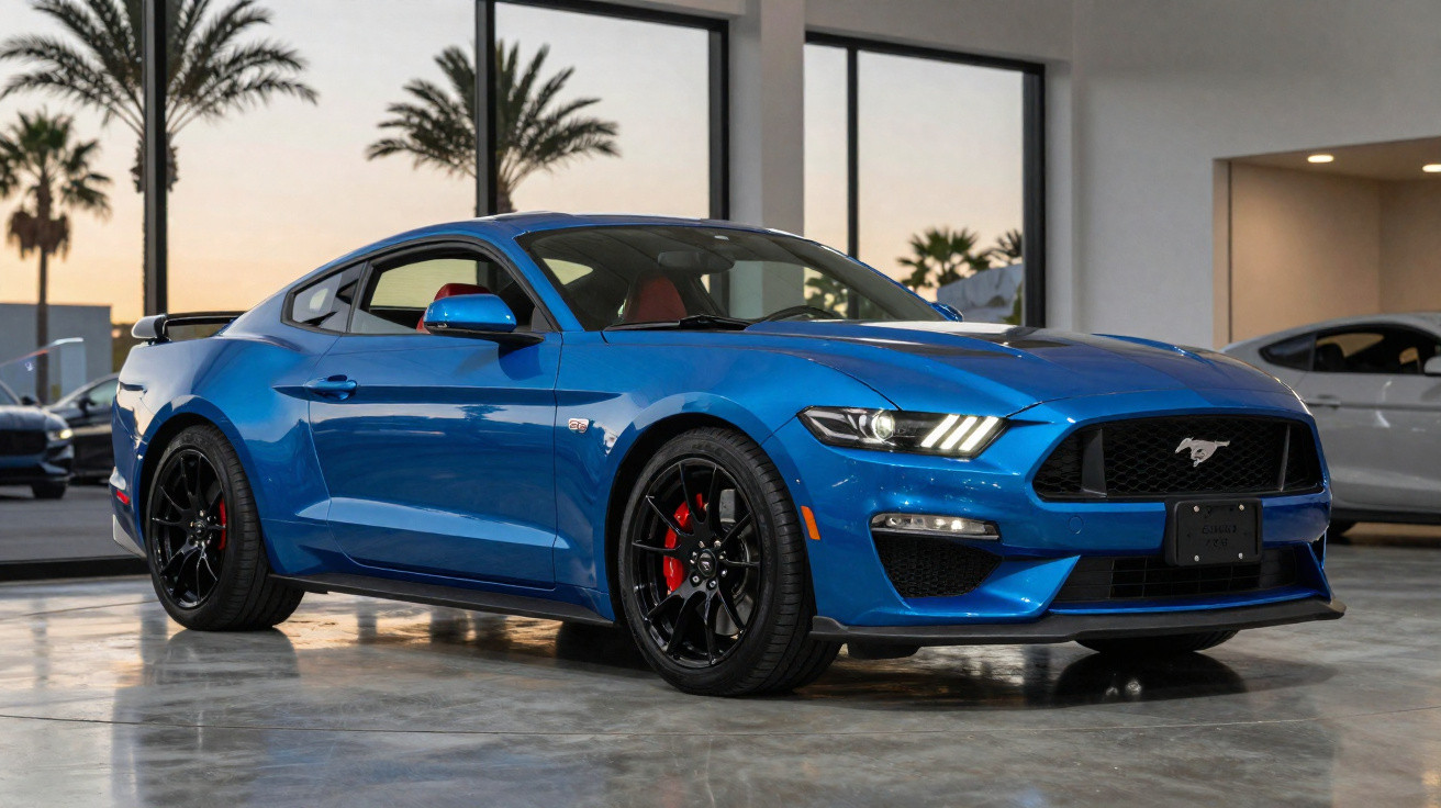 Voiture de sport Ford Mustang bleue garée à l'intérieur avec jantes noires et freins rouges.