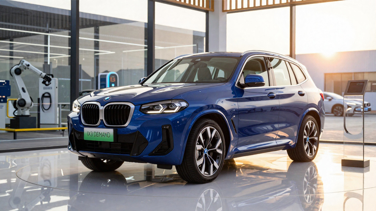 SUV BMW bleu électrique exposé dans un showroom moderne avec lumière naturelle et robot industriel en arrière-plan.