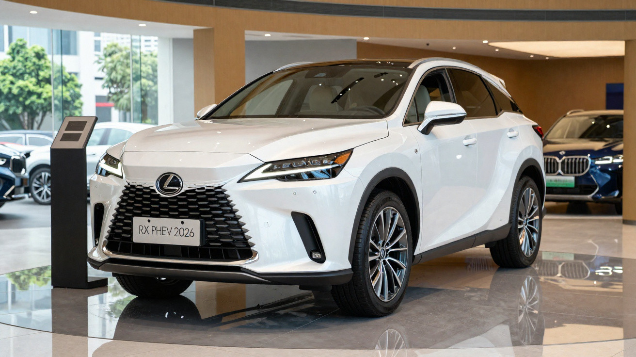 SUV Lexus RX PHEV blanc 2026 exposé en showroom avec éclairage intérieur moderne.