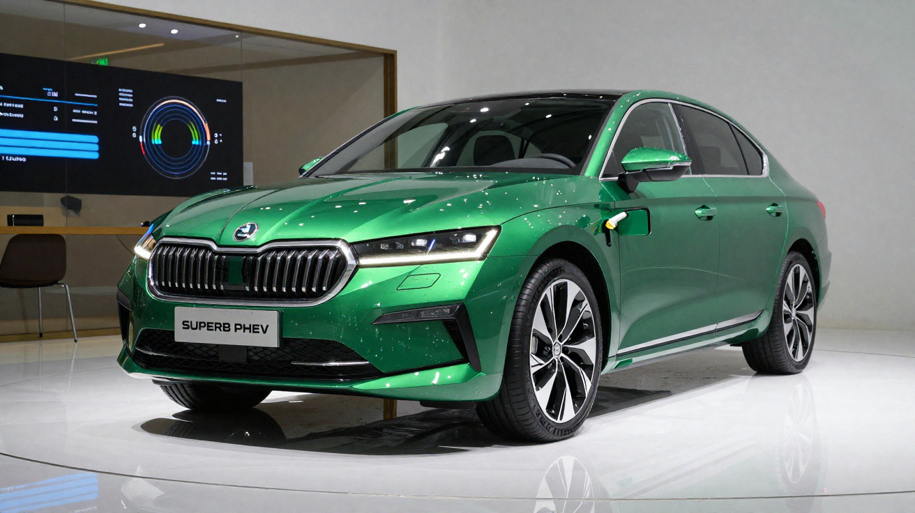 Voiture berline hybride rechargeable Škoda Superb PHEV verte exposée dans un showroom moderne.