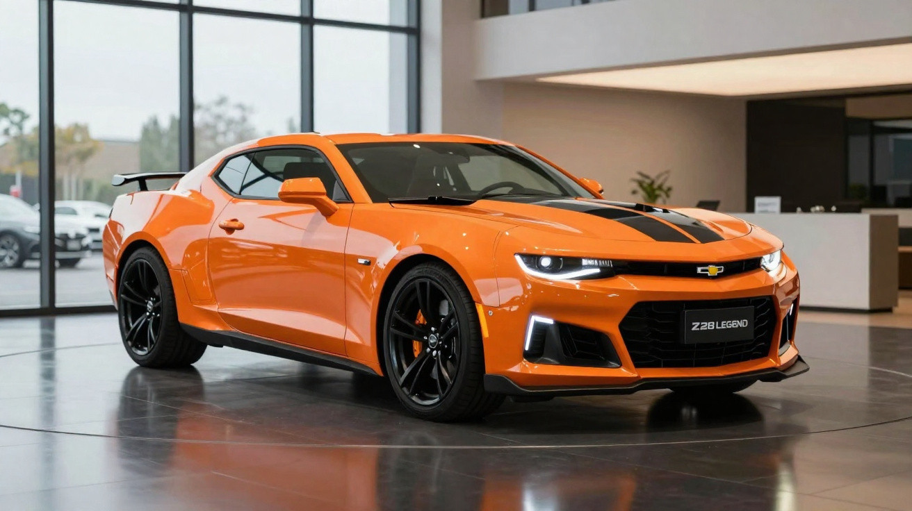 Voiture de sport orange Chevrolet Camaro Z28 Legend dans un showroom moderne avec sol brillant.