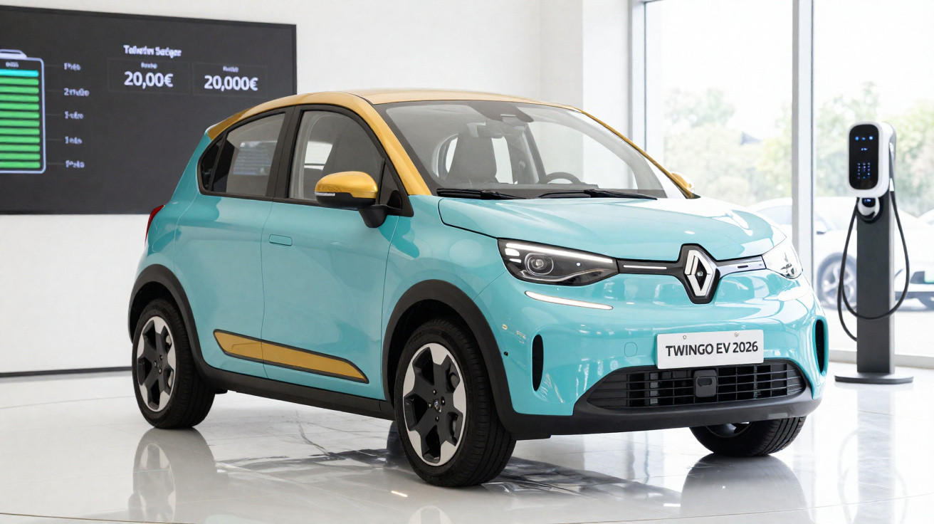 Voiture électrique Renault Twingo EV 2026 bleu et beige exposée près d’une borne de recharge en showroom.