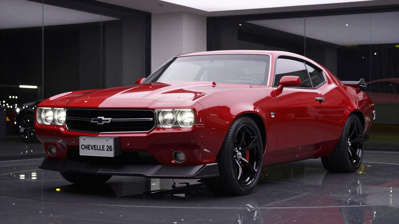 Voiture de sport rouge Chevelle 26 garée dans un showroom moderne avec sol réfléchissant.