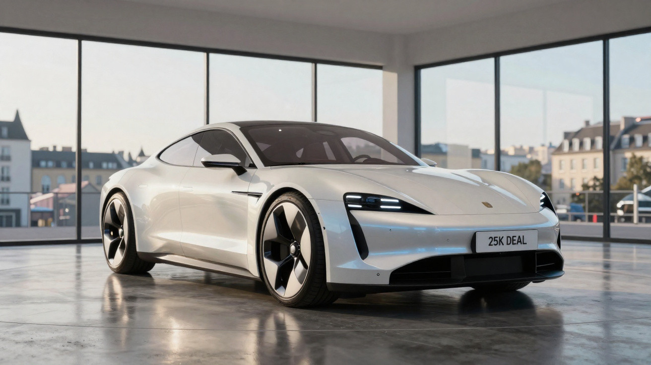 Voiture électrique sportive blanche garée dans un showroom avec grandes fenêtres et ville en arrière-plan.