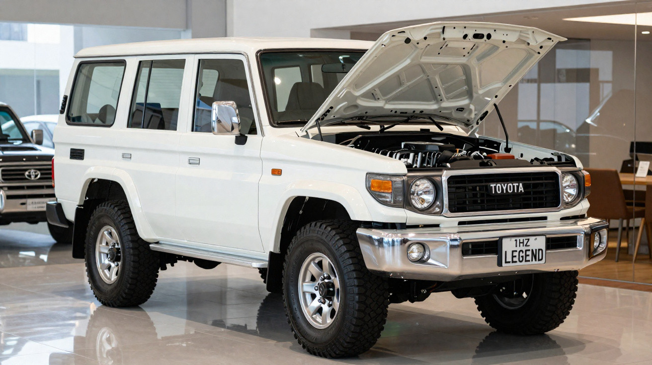 Véhicule tout-terrain Toyota blanc avec capot ouvert exposé dans un showroom moderne.