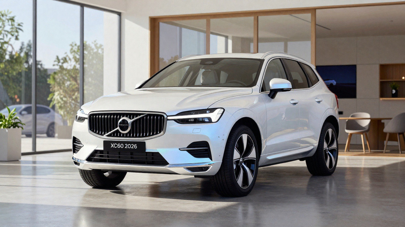 Voiture Volvo XC60 2026 blanche exposée dans un showroom moderne avec grandes baies vitrées.
