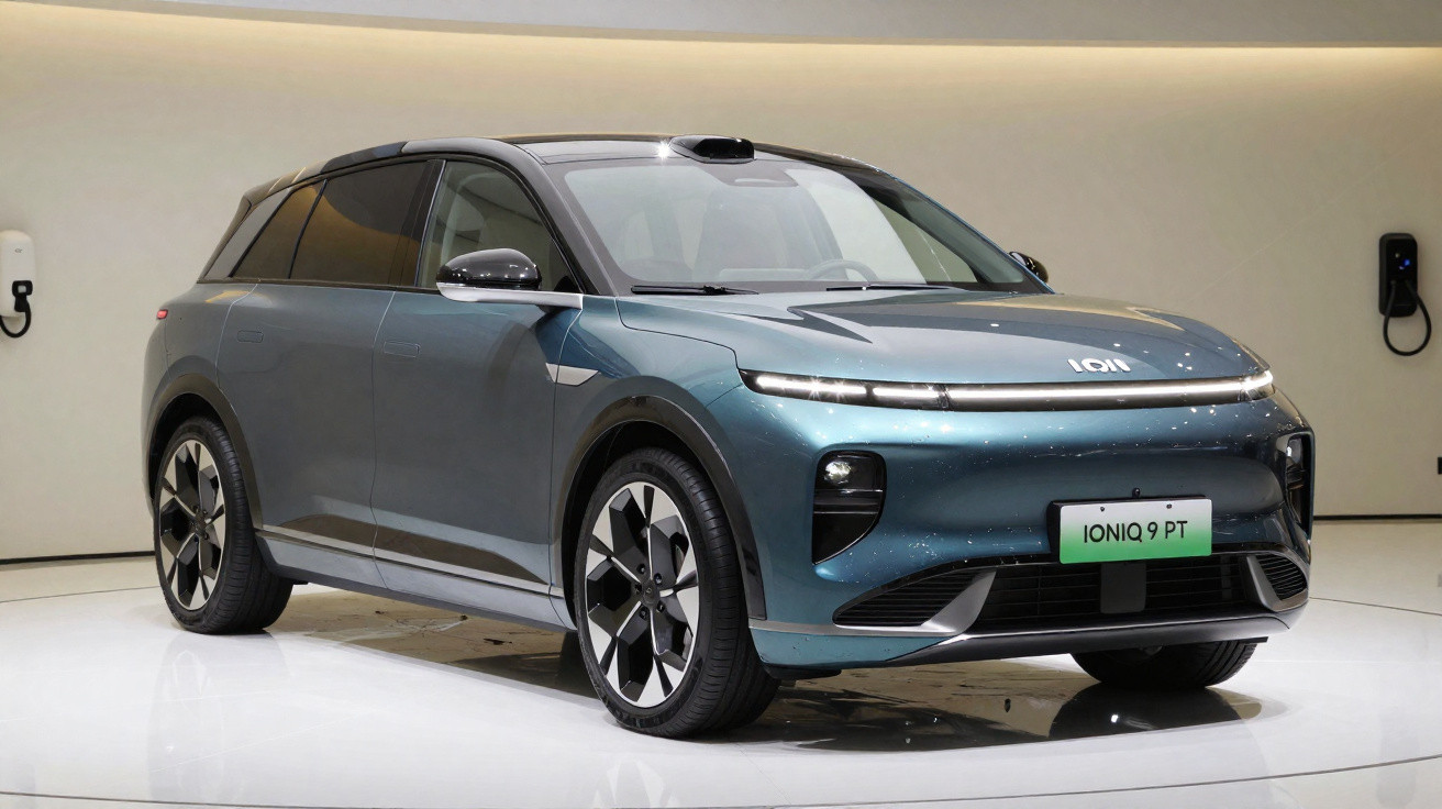 Voiture électrique bleue Ioniq 9 PT présentée en showroom avec bornes de recharge murales.