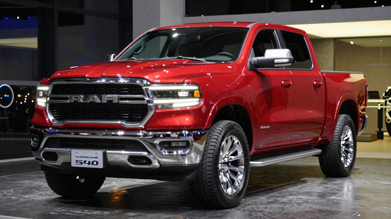 Pick-up RAM rouge métallisé exposé en intérieur avec éclairage moderne sur sol brillant.