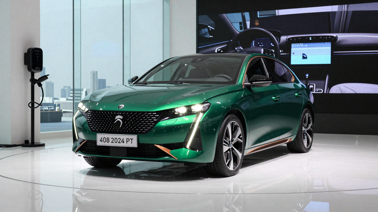 Voiture compacte berline verte Peugeot 408 2024 exposée en intérieur avec borne de recharge électrique à côté.