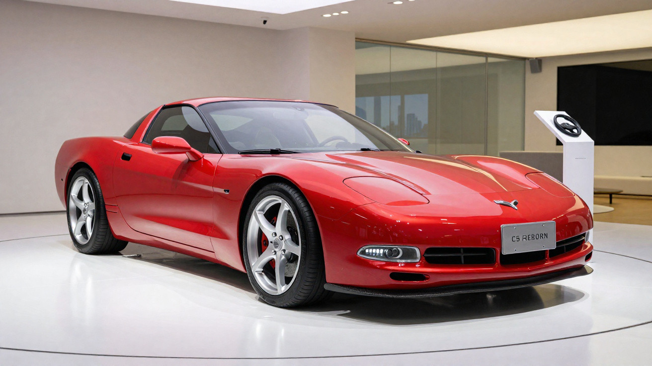 Voiture de sport rouge brillante exposée dans un showroom moderne avec sol blanc et murs clairs.