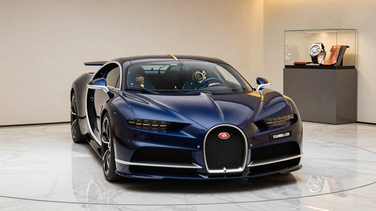 Voiture de sport Bugatti Chiron bleue exposée dans une galerie moderne avec sol en marbre blanc.