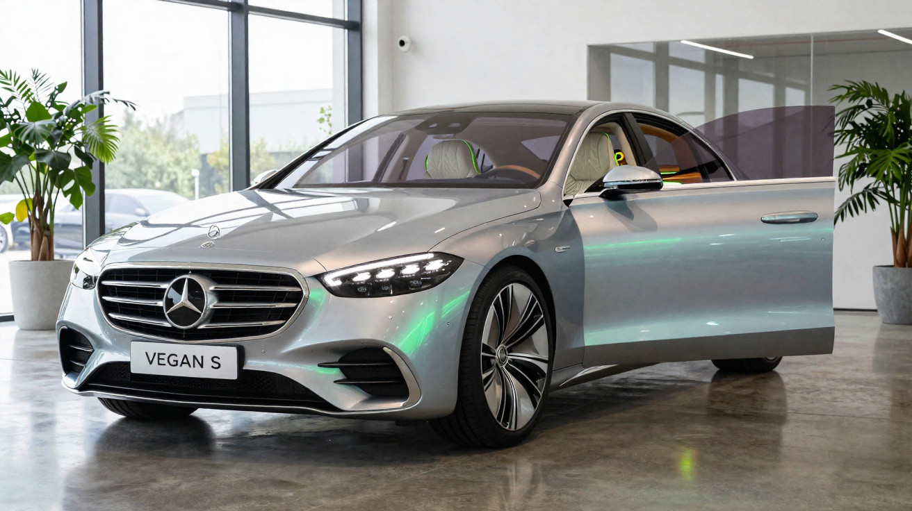 Voiture électrique Mercedes-Benz VEGAN S grise avec porte avant droite ouverte dans un showroom moderne.